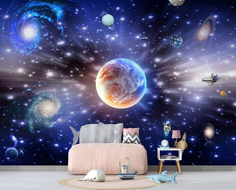 Foto tapeta Narandžasta planeta u snopu svetla na zidu